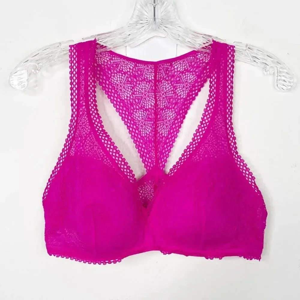 VICTORIA’S SECRET Pink Lace Racerback Lightly Lined Bralette Bra Sz. Large‎